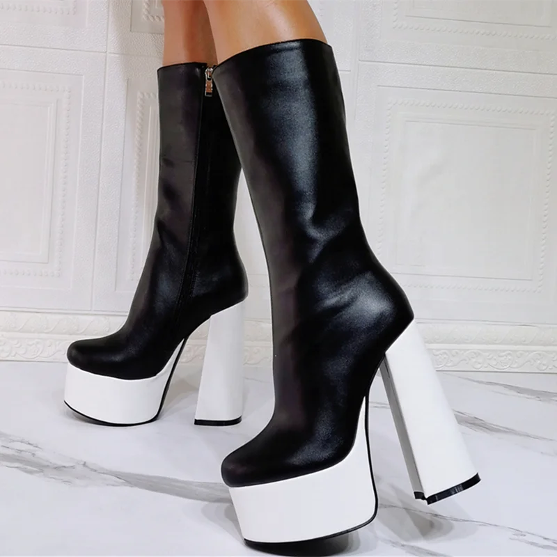 

Winter Fashion Thick Heel Boots Round Toe Platform Zipper Knee High Boots for Women Contrast Color Big Size 47, Black