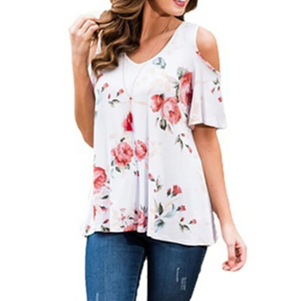 

Women's t-shirt Floral Sexy Cold Shoulder t-shirt Summer Casual Ruffle Sleeve T-Shirt O-neck tops
