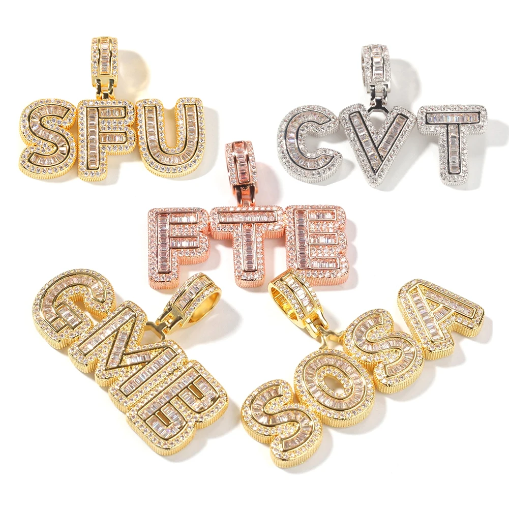 

Best Selling Women Men Custom Gold Silve Pink Name Words Iced Out Baguette Initial Letters Pendant, Gold/silver/pink