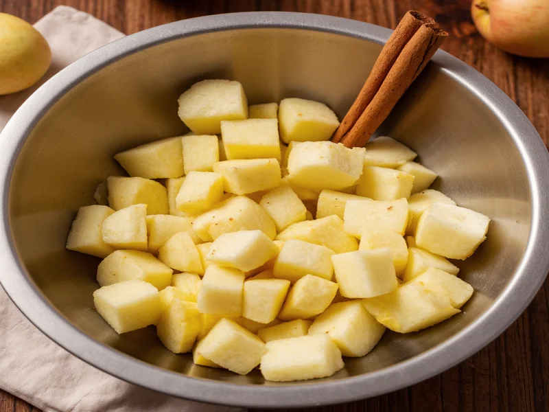 Chopped apples in stainless steel bowl with cinnamon sticks