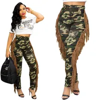 

New Style Slim Jeans Pants Trousers Ladies Fashion Vintage Washed Tassel Camouflage Print Sexy Denim Women High Waist Jeans