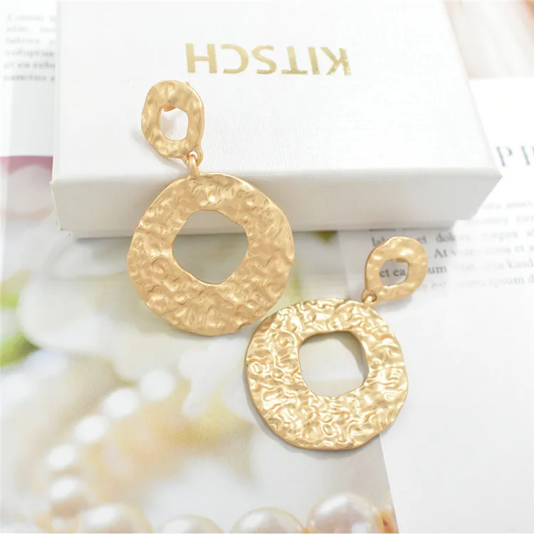 

European Style Gold Metal Statement Earrings Hammered Metal Circle Round Drop Earrings For Women