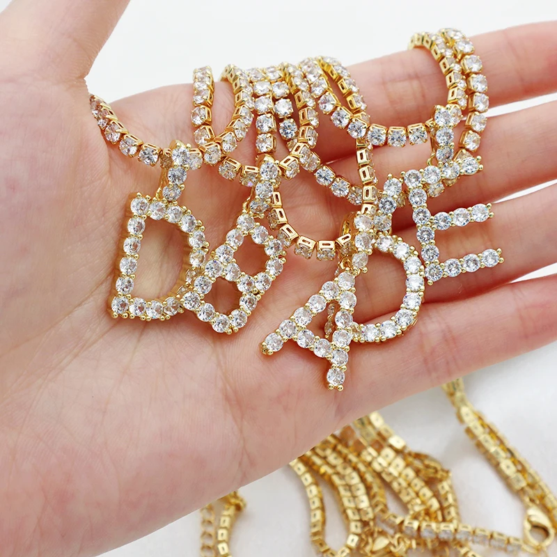 

Trendy jewelry 2021 necklace Hip Hop tennis cuban chain gold plated initial letter necklaces
