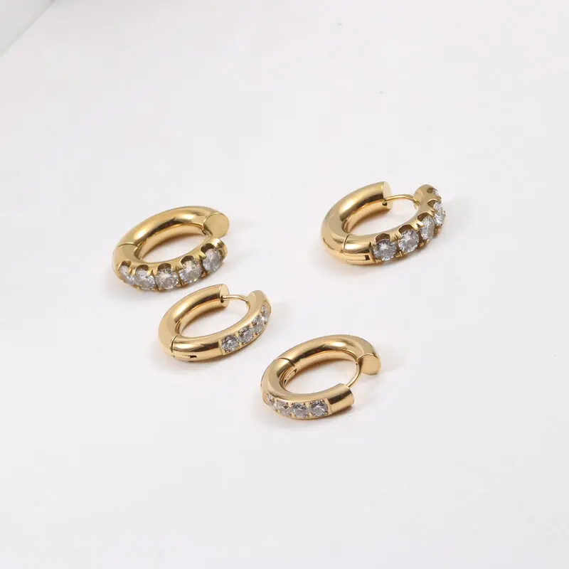 18k Gold Plated Non Tarnish & Waterproof Cubic Zirconia Pave Hoop Earring Stainless Steel Jewelry