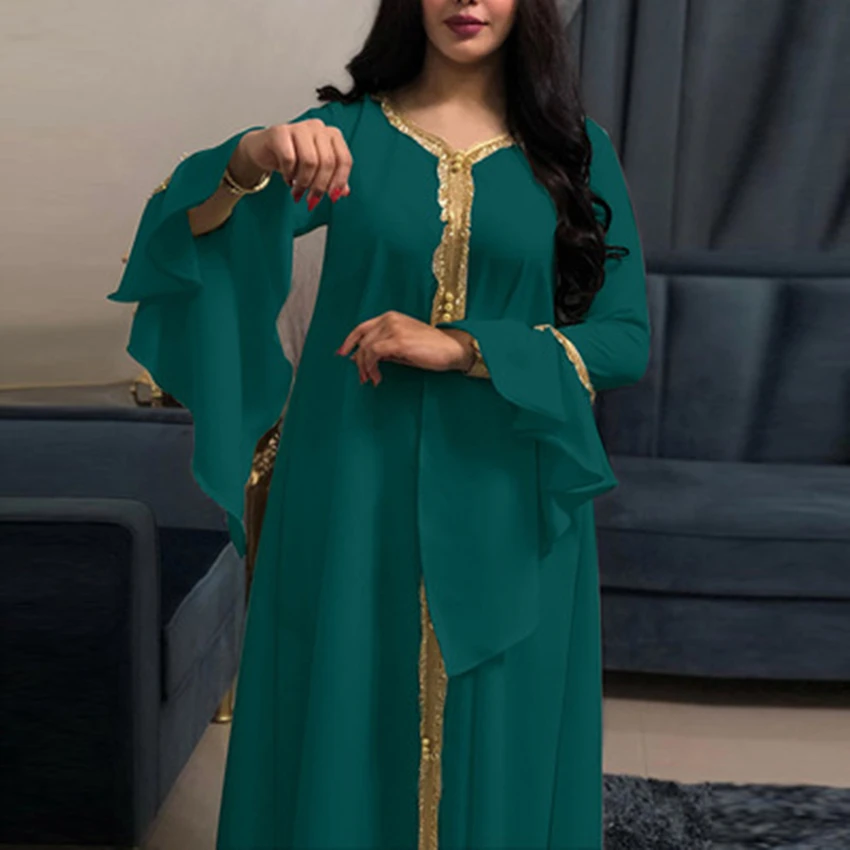 

Middle East Kaftan Dress For Women Dubai Turkey Golden Ribbon Embroidery Loose Muslim Arabic Islamic Clothing