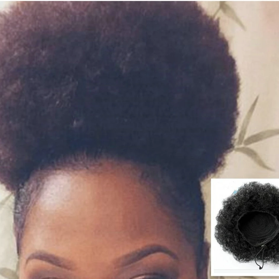 

Free shipping Short afro puff clip in afro kinky curly ponytail with drawstring 140g Human Hair Extensions for black women