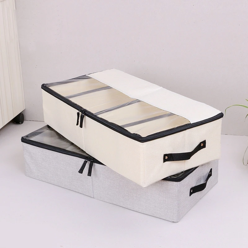 

FF288 Cotton Linen Clothing Organizer with Window Ziplock Shoe Storage Box Adjustable Dividers Underbed Storage Bag, Coffee/dark grey/light grey/beige