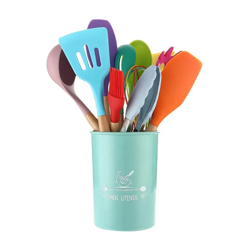 

12 piece set of silicone kitchen accessories cookware kitchenware wooden handle silicone kitchen utensils, Customized