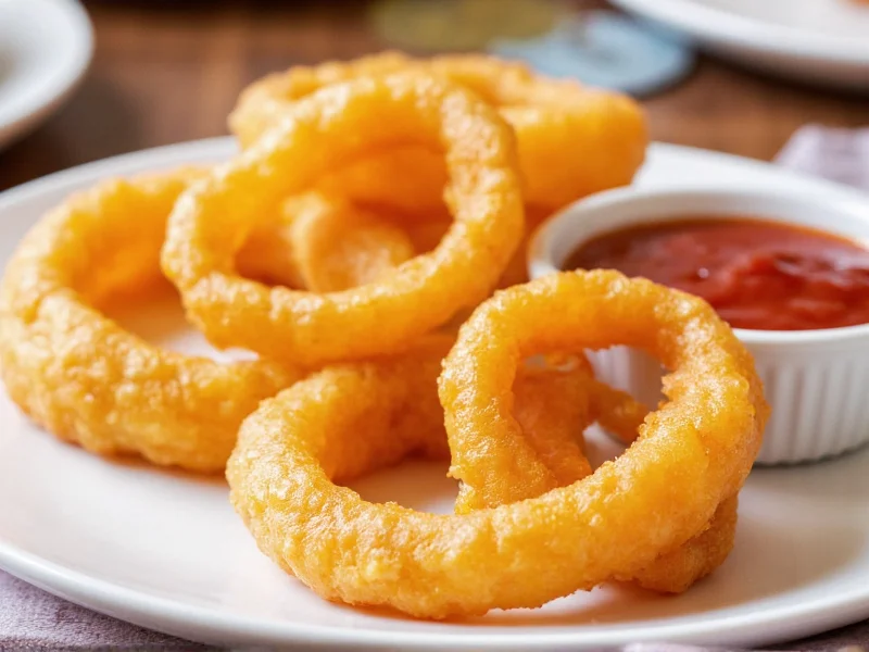 Golden crispy onion rings on white plate with dipping sauce