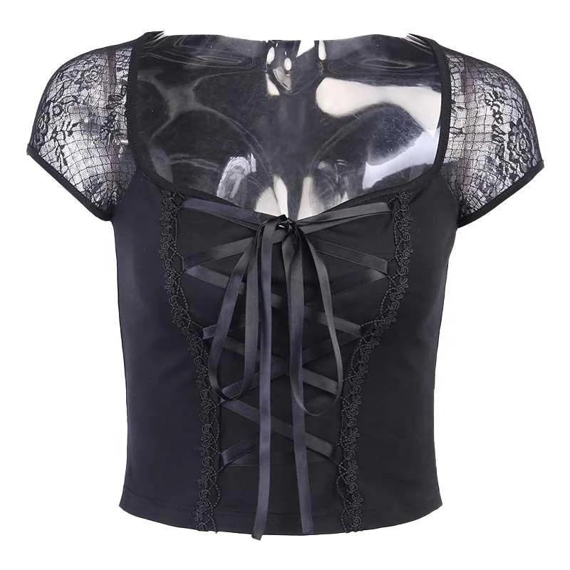 

Women Black Lace Patchwork T-shirt Square Neck Long/Short Sleeve Lace-up Slim Fit Crop Top Clubwear
