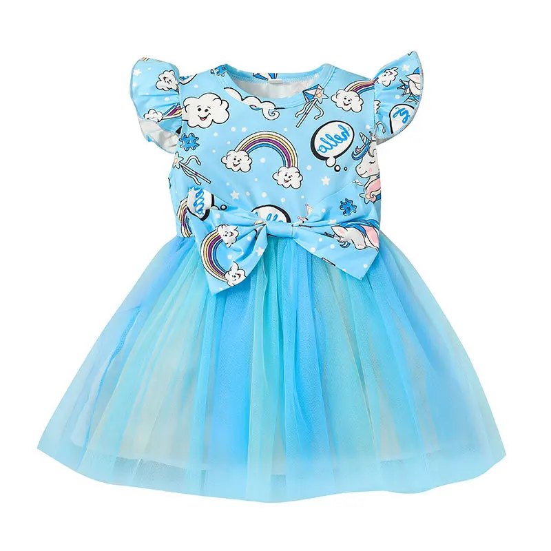 

Girls Summer solid color fly Sleeve Dress Blue Princess Dress