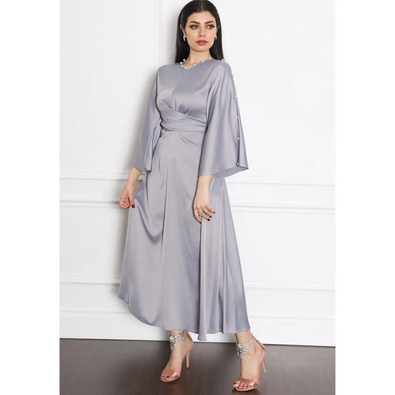 

Islamic Clothing Ramadan Modern Satin Dress with Beads For Arab Turkey Women