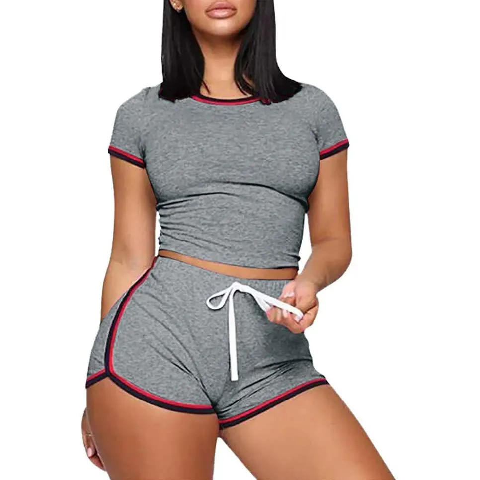 

2021 New Arrival Summer Two Piece Sets Outfit Solid Color Pants Sets Sport Short Sleeve Women Clothing 2 Piece Sets