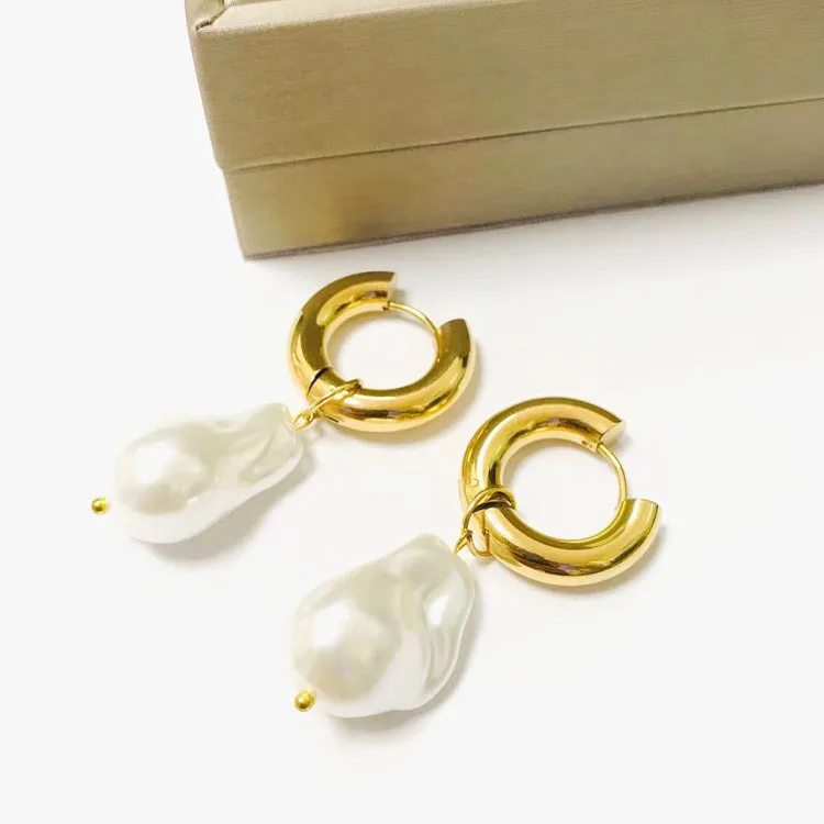 

Wholesale 18K Gold Plated Stainless Steel Big Imitation Baroque Pearl Drop Huggies Hoop Earrings