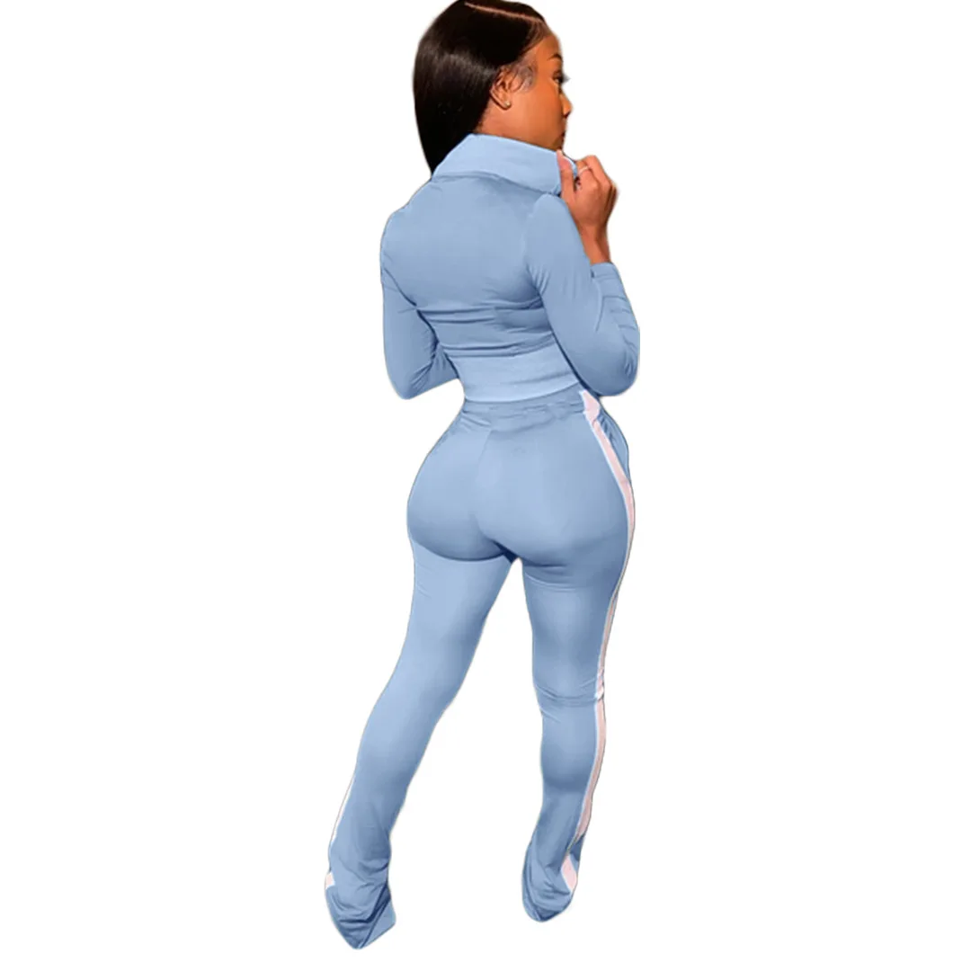 

2021 women clothing Solid color sport fashion splicing long sleeve stacked pants two piece women's suits, Picture shows