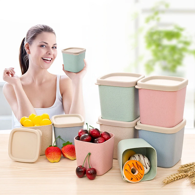 

Eco Friendly Wheat Straw Airtight Square High Quality Food Storage Plastic Wheat Fibre Containers With Lid, Pink/green/beige/blue