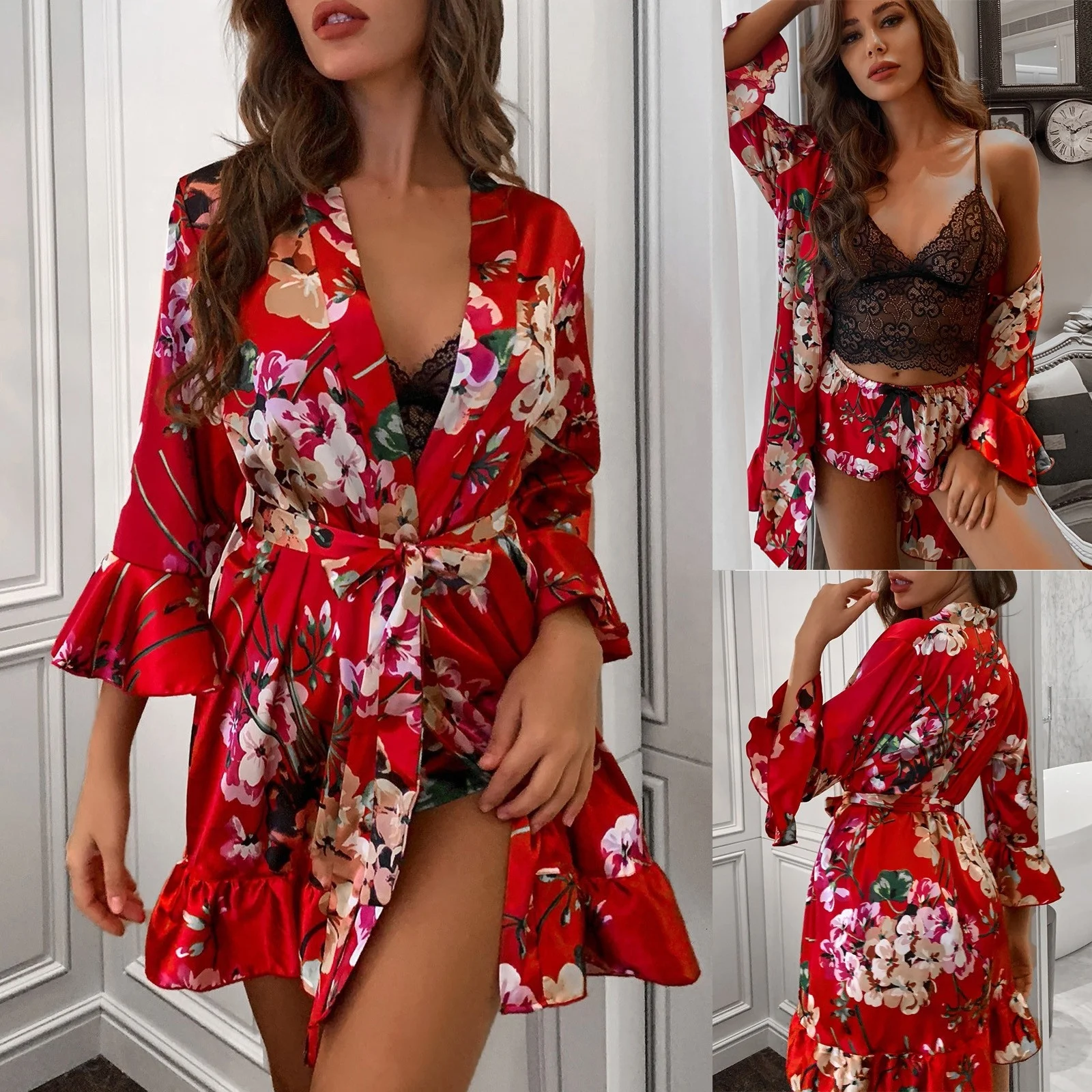 

sfy1299 3 Pcs Satin Silk Pajamas Women Nightdress Floral Lingerie Sexy Pyjama Robes Underwear Sleepwear Pajama Sets