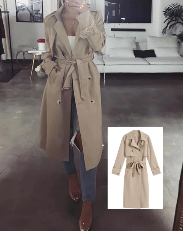 

INS hot selling Women trench coat button down with tie knot long jacket for ladies, One color