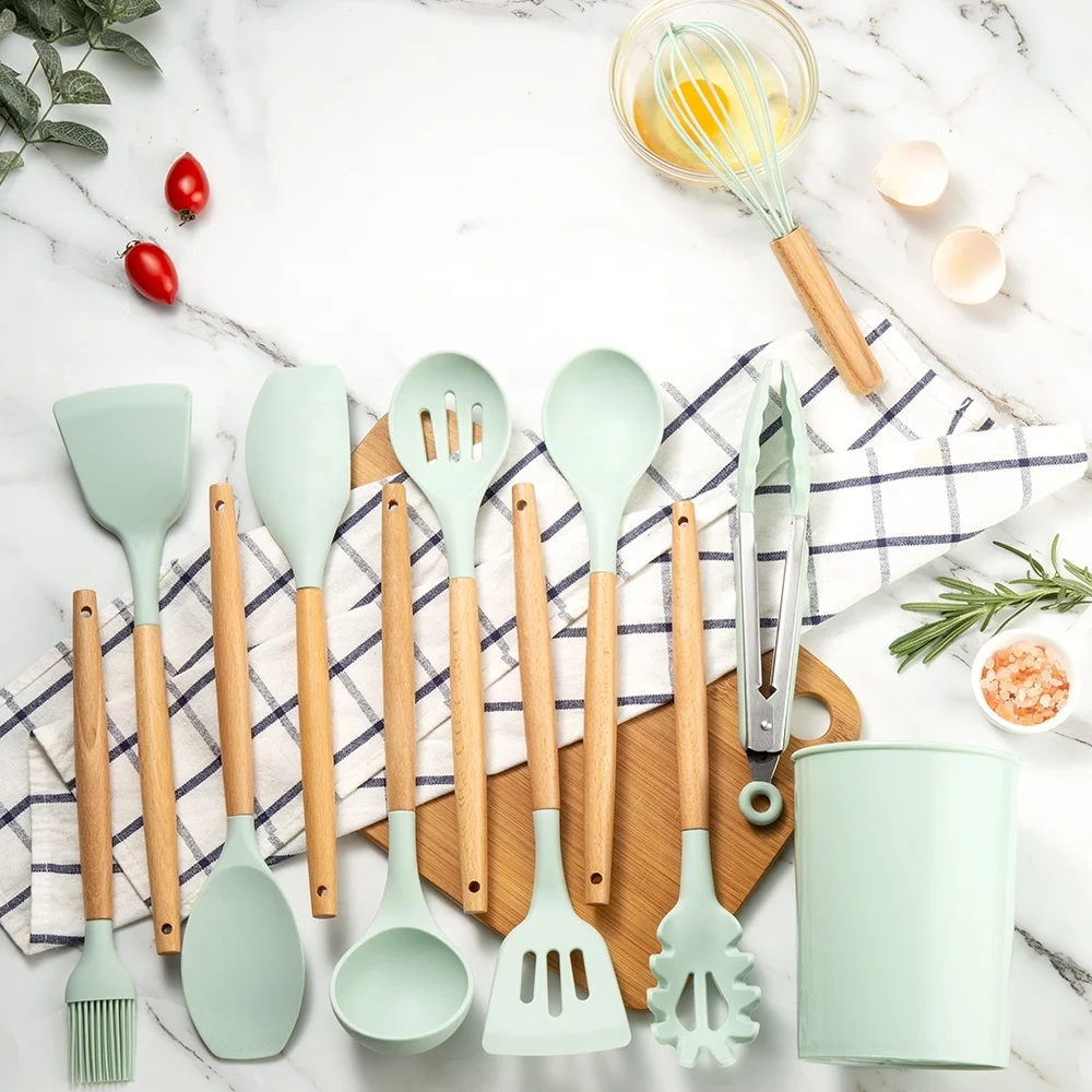 

11 piece wholesale premium amazon nonstick wooden handle kitchen silicone utensils set pink color with holder of China supplier, Light green, green, pink, grey, black, red