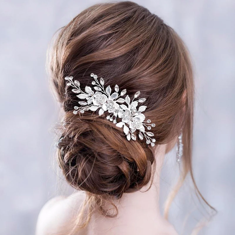 

Flower Comb Accessories Silver Color Rhinestone Bridal Tiara Headband Pins Wedding Hair Jewelry