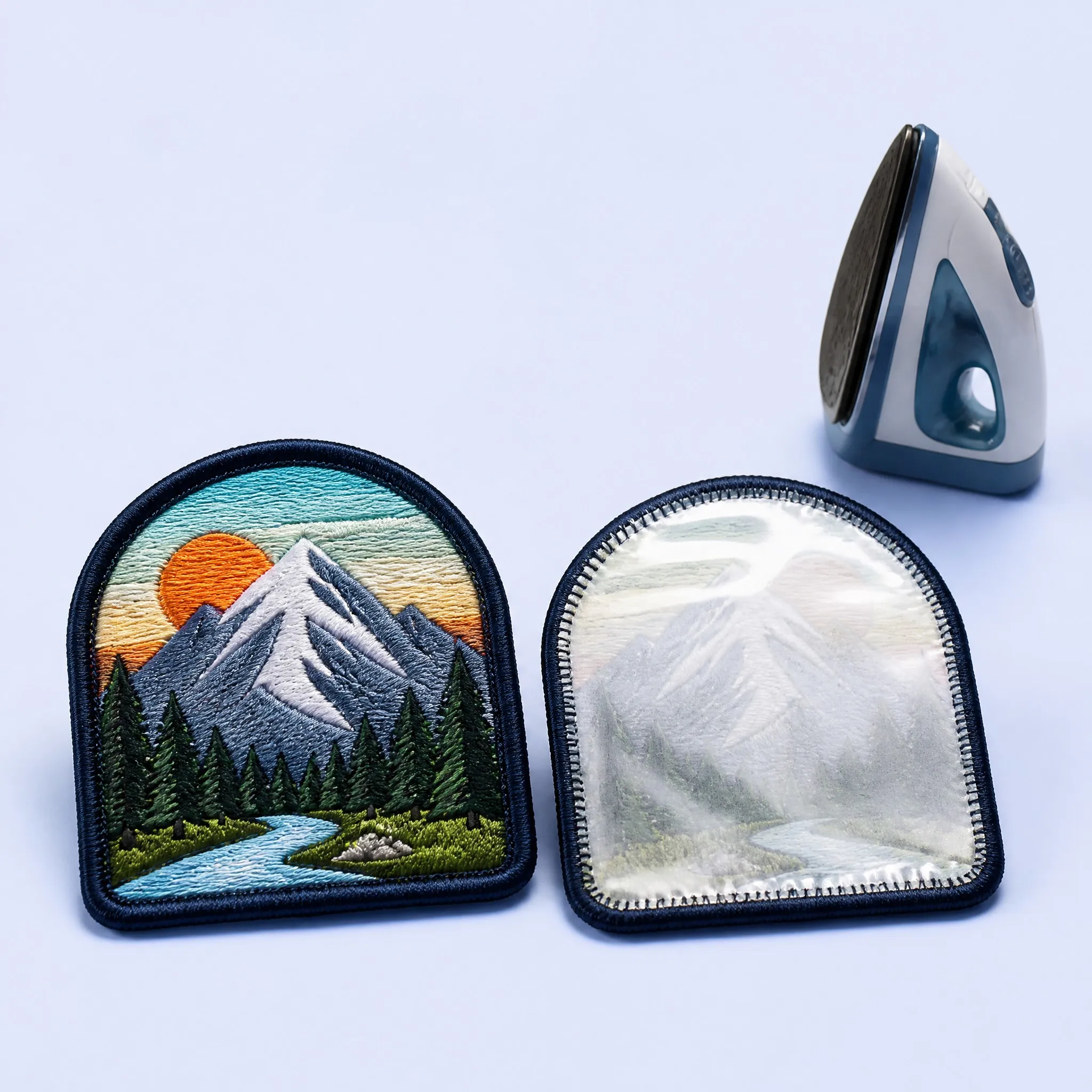 Arched Mountain Landscape Embroidered Patch with Transparent Heat-Seal Iron-On Adhesive Backing and Clothes Iron