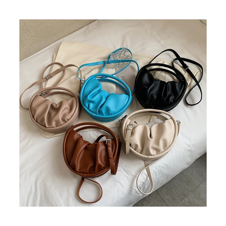 

Half Moon Ladies Ruched Clutch Hand Bags 2021 Retro Fall Winter Handbags Underarm Women PU Shoulder Bags Pleated Handbags Ladies