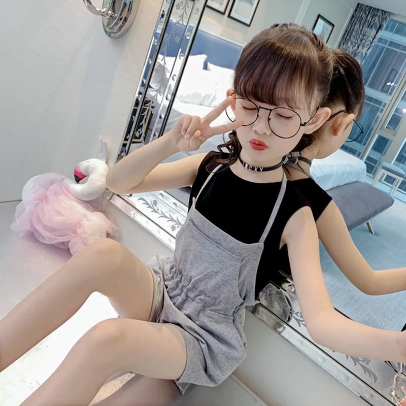 

Fashion Design Kids Clothing Sets Children's summer sleeveless top and bib trousers Western style two-piece suit Girls Sets, Gray