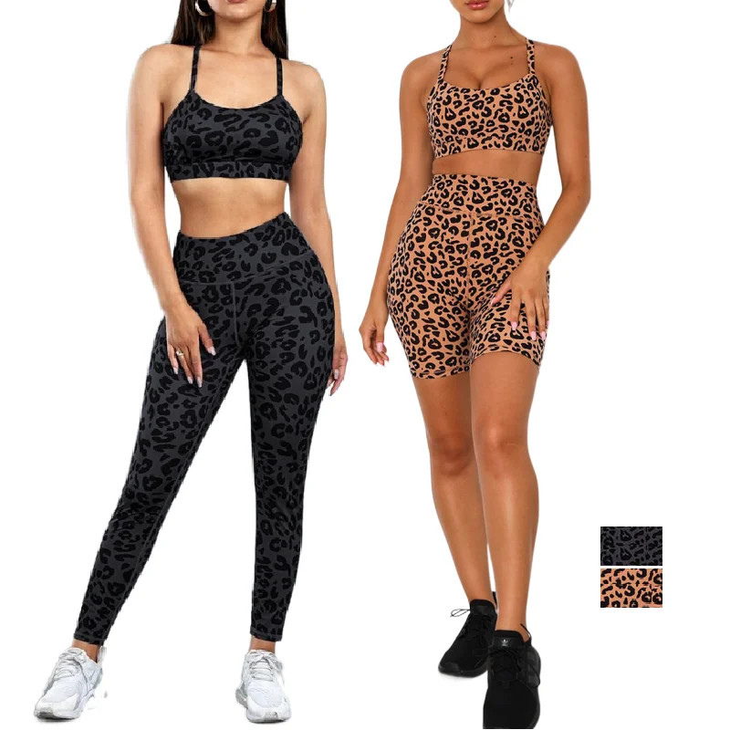 

BBSY26073 3PCS Wholesale Women Xl Activewear Sets Leopard Print high quality yoga wear 2 Piece Set bra and panty sets, Charcoal,brown