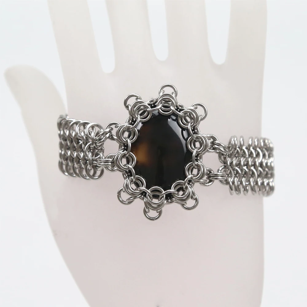 

Handmade Chainmial Bracelet Stainless Steel Charm Black Agate Bangles Jewelry