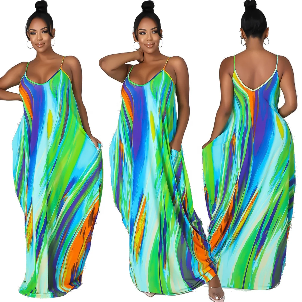 

YINIEN women's sleeveless fashion digital print condole strap light tone loose casual sexy plus size women's dresses
