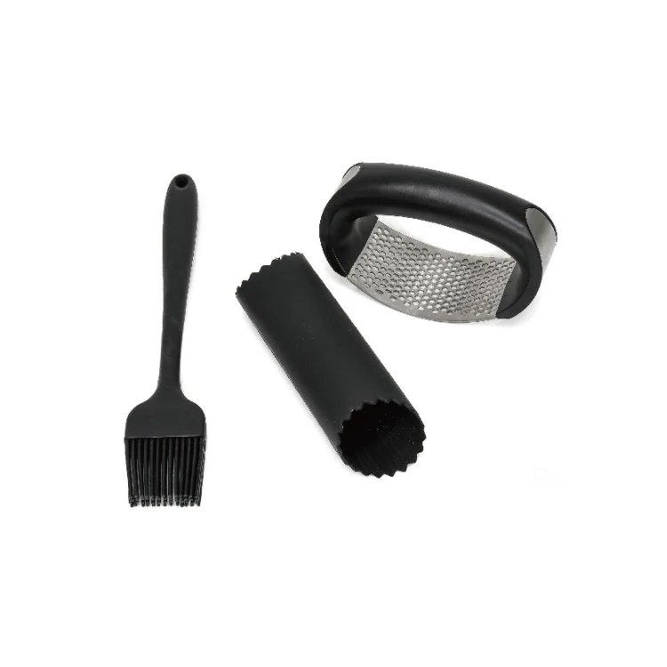 

A939 Manual Stainless Steel Rocking Garlic Press with Cleaning Brush Kitchen Gadgets Silicone Tube Peeler Garlic Crusher, Black