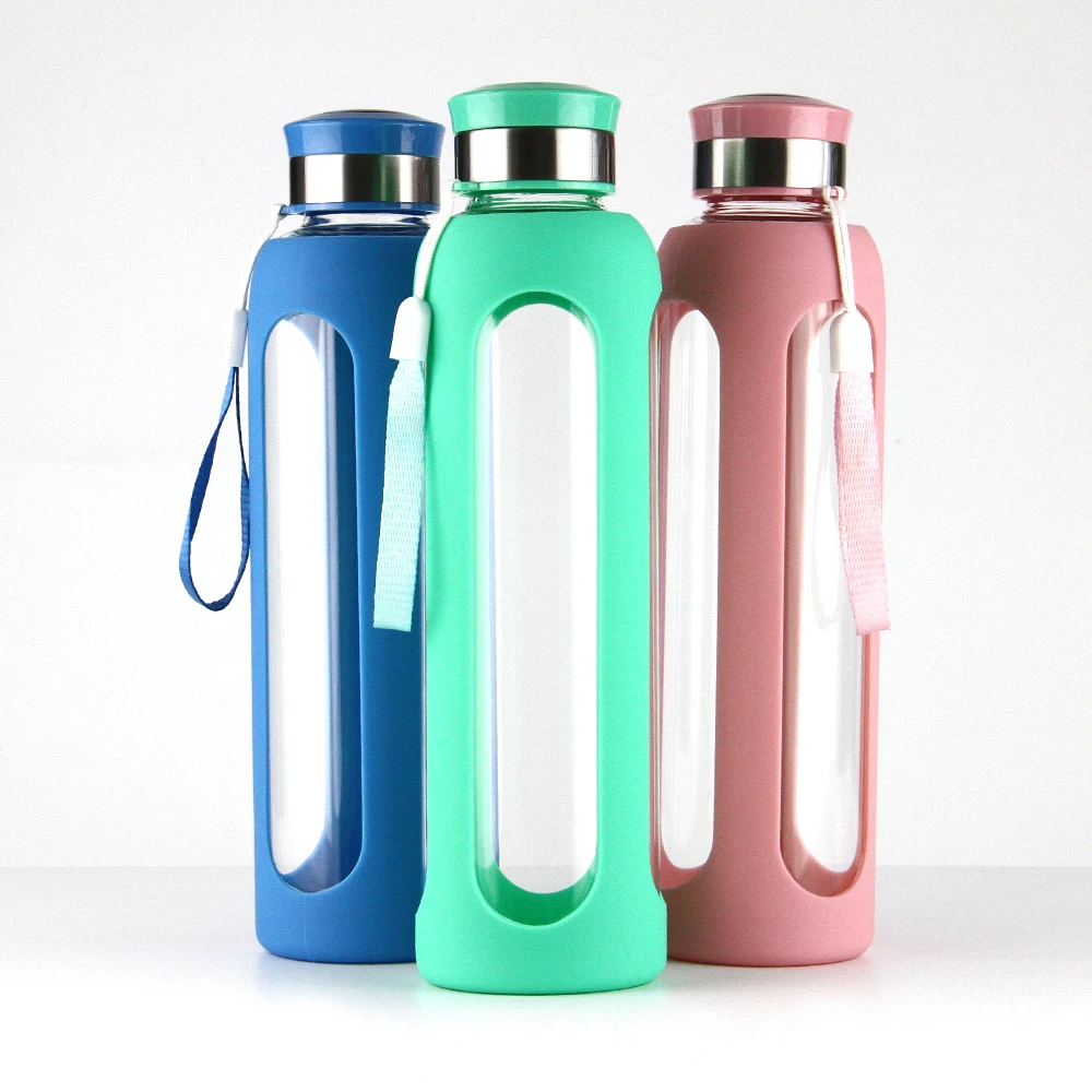 

Leak proof 550ml/20oz outdoor sports BPA free glass tea cup small mouth with metal lid, Can be customized