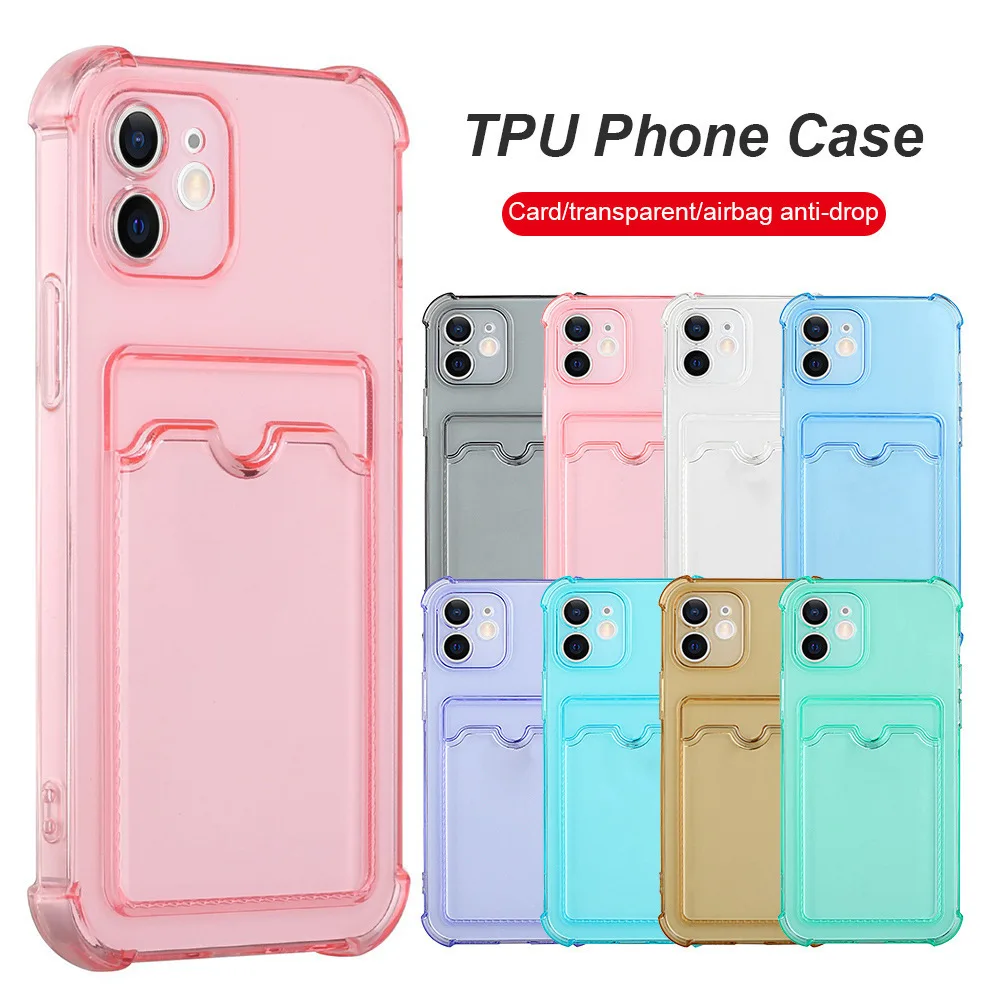 

Fashion Credit Card Slots Holder Transparent Shockproof Phone Case for Samsung S21 S20 iPhone 13 12 11 Clear TPU Silicone Cover