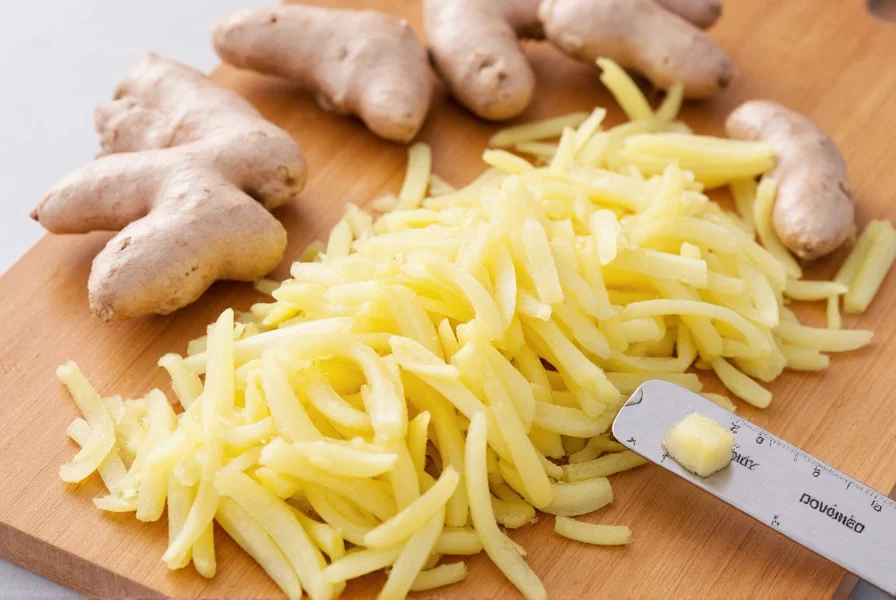Thinly sliced raw ginger root on wooden cutting board with measuring spoon showing proper daily portion size for safe consumption