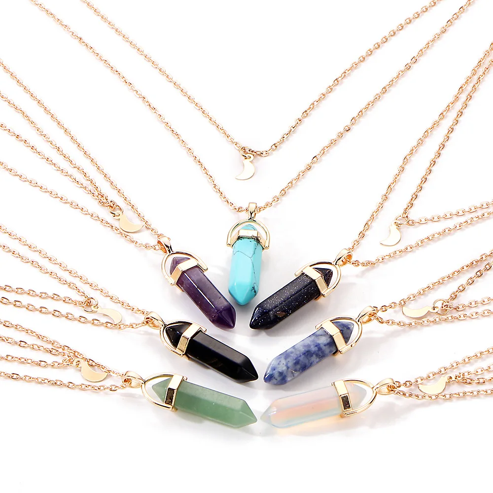 

Jachon New Point Moon Pendant Double Layer Necklaces Turquoise Crystal Stone Quartz Stone Bullet Necklace