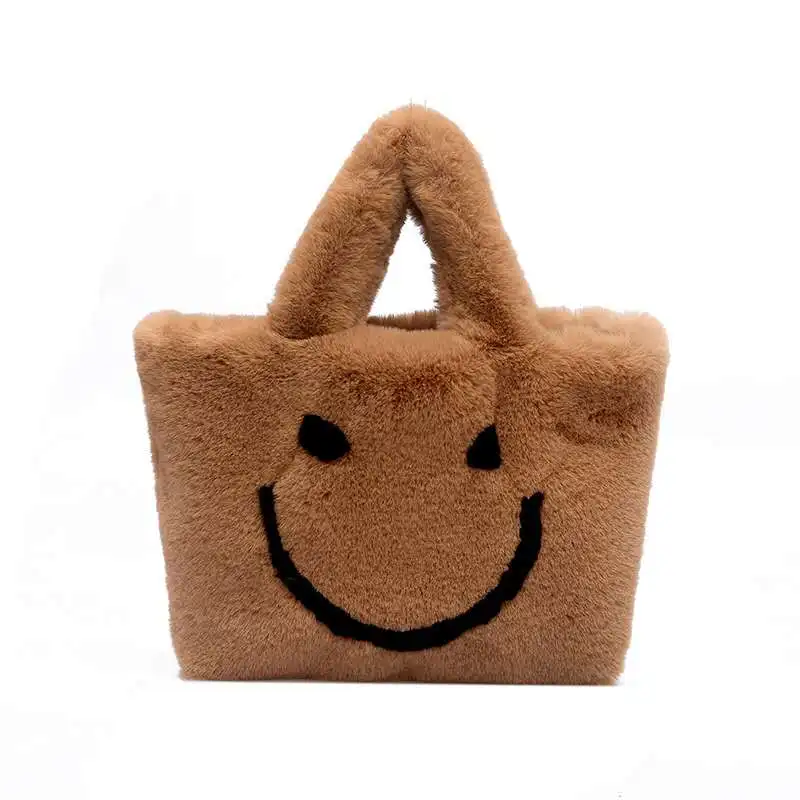 

High quality faux fur smiley face handbag selling hot fur backpack lady velvet purse, Customizable