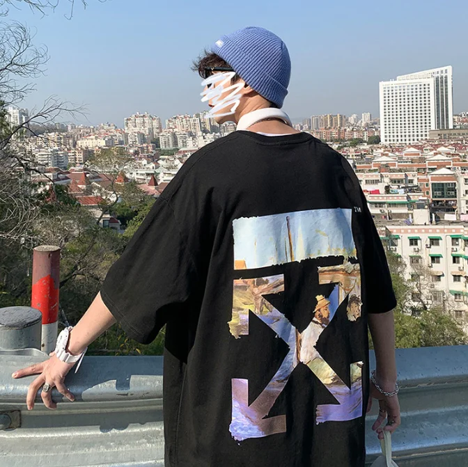 

Custom Logo Summer Unisex Fashion Oversized Monet Painting Couple T-Shirts Unique Design Crossed Arrows Printed T Shirt For Men, Black,white