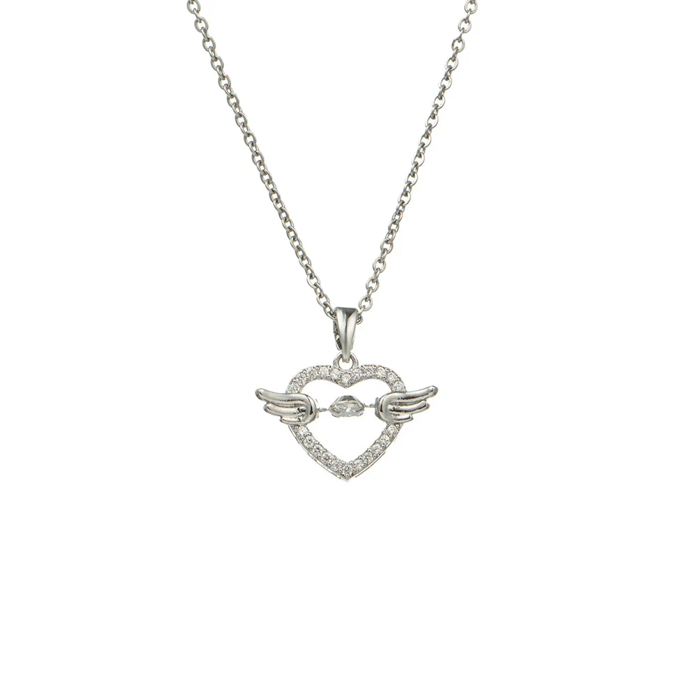 

Cute Female Fine Jewelry Love Heart Wings Zircon Silver Designer Minimalist Necklace for Women