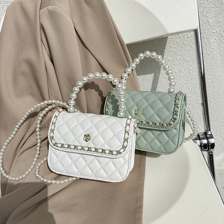 

Pearl chain handbag 2021 summer rhombic leather messenger bag women's, White, khaki, black, light green, pink