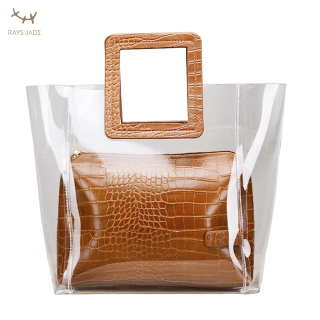 

2 In 1 Set Tote Bag New Designer Transparent PVC Handbag Fashion Style Ladies Shopping Bag with A Pouch in PU Crocodile Pattern, Customized color options