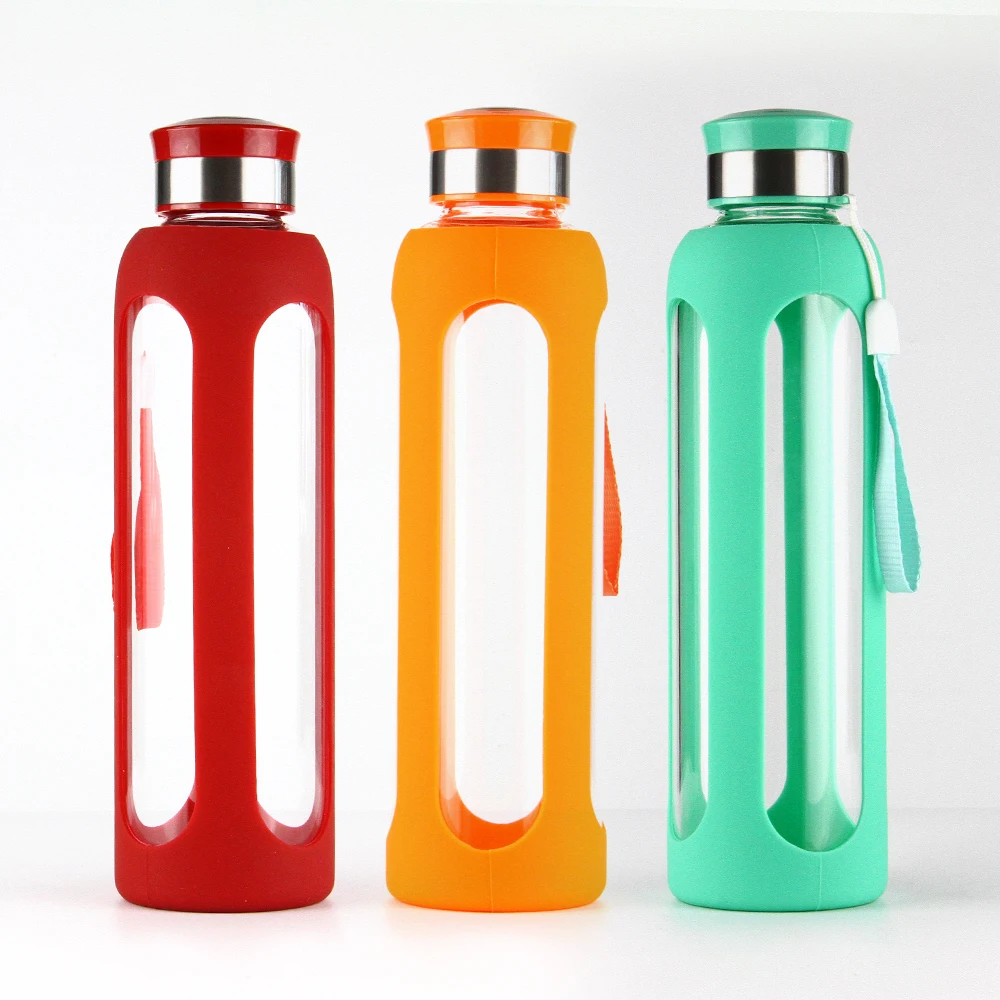 

Most Attractive Price Portable Water Bottle Glass Custom 550ml High Borosilicate Glass Water Bottle with Silicone Sleeve, Customized color