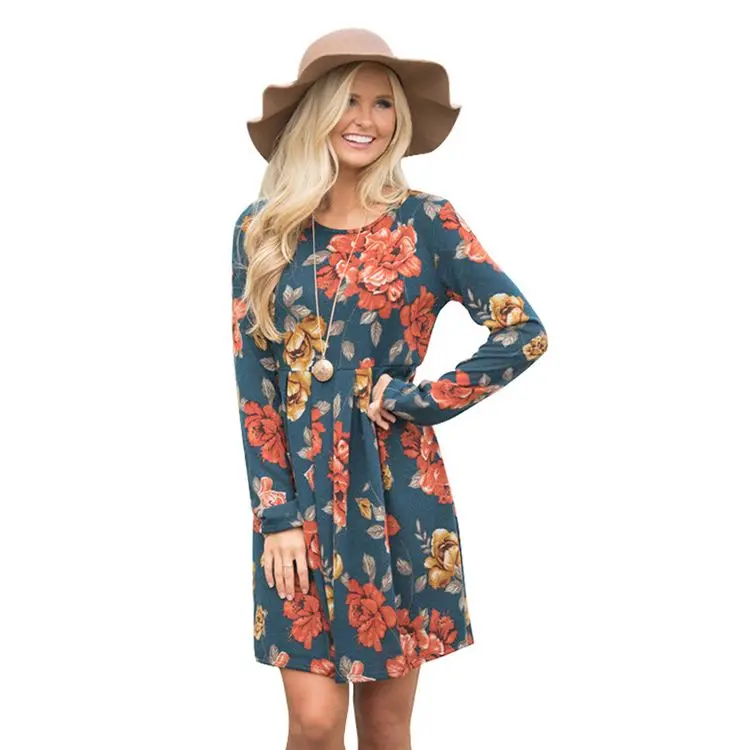 

Factory supplier women printing flower long-sleeved Dresses High waist large swing multicolor women dresses