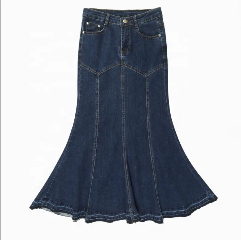 

Fashion Female Big Hem Jean Denim Skirts Fishtail Long Solid Button Casual Skirt High Waist Long Denim Skirt For Women, Blue