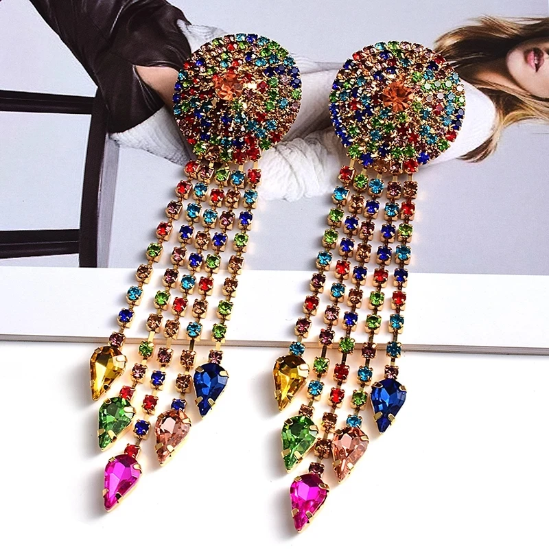 

Kaimei High-Quality Luxury Fashion Jewelry Accessories New Design Statement long Colorful Crystal Tassel Dangle Drop Earrings, Many colors fyi