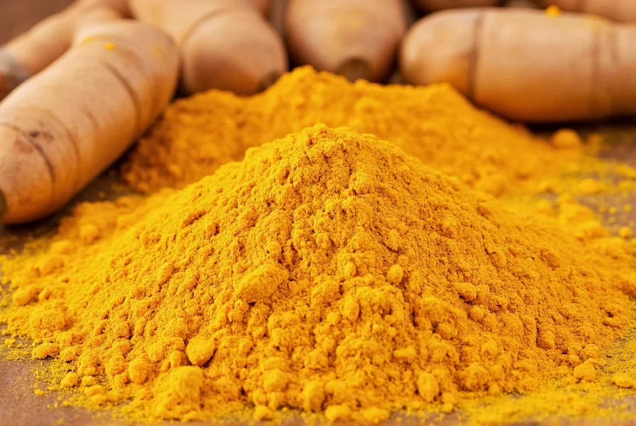 Close-up of turmeric powder with pronunciation guide overlay