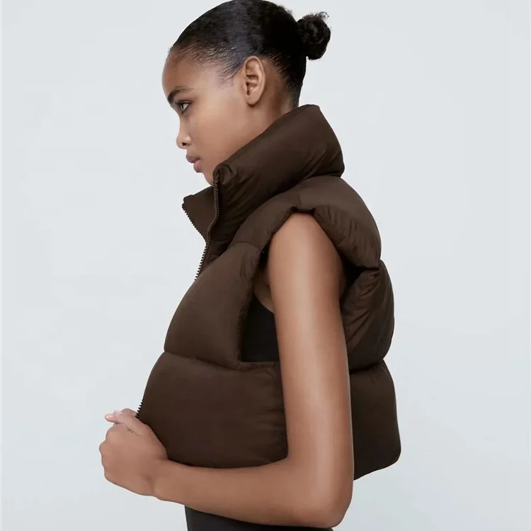 

2021 Fall Zipper Front Crop Padded Puffer Vest Women, Beige, brown