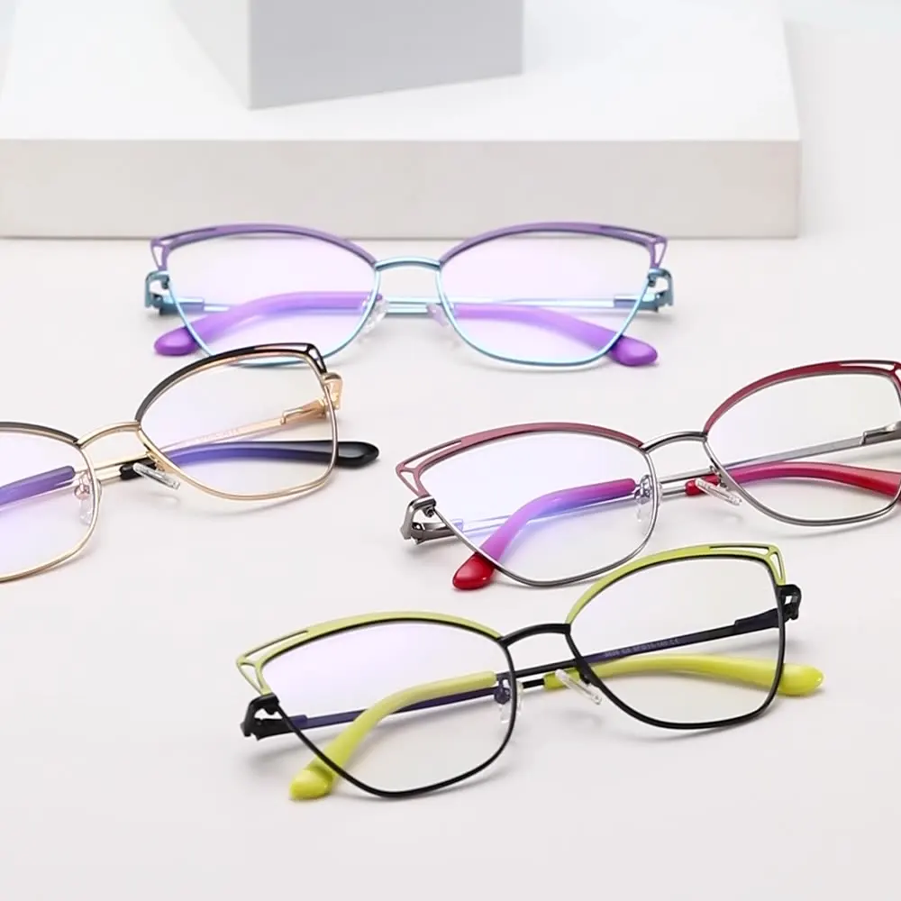 

2022 Popular New Progressive Colorful Design Young Ladies Metal Cat Eye Frame Optical Blue Light Blocking Glasses