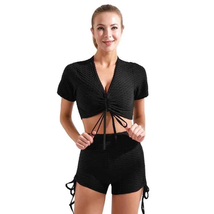 

women fitness two piece yoga sports set nylon 13% spandex polyester tracksuit yoga set custom logo black bubble drawstring