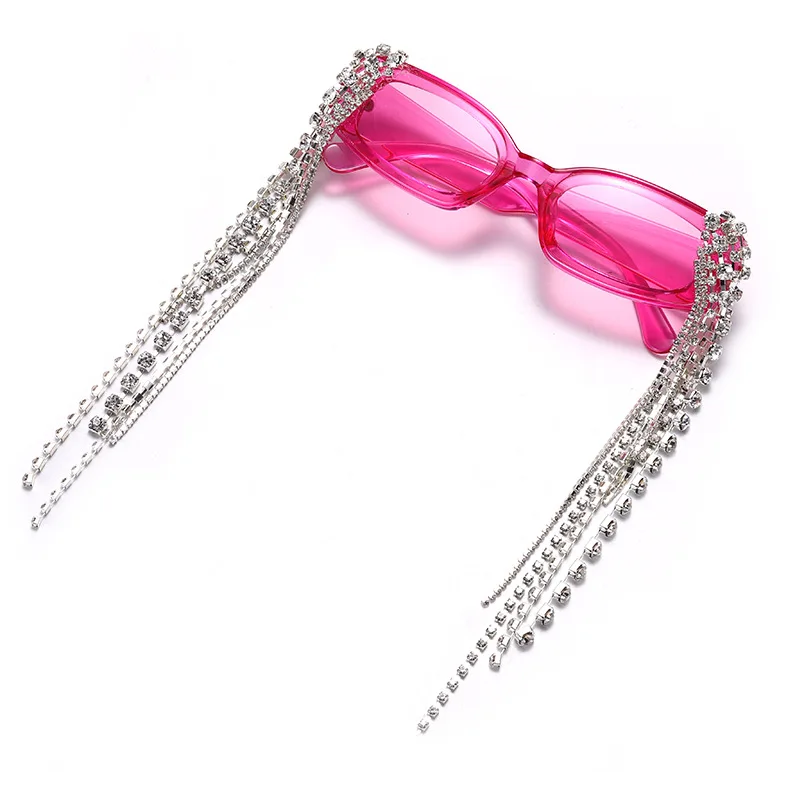 

Newest Style Pink Candy Jelly Color Square Tassels Small Rhinestone Frame Sunglasses, 9 colors