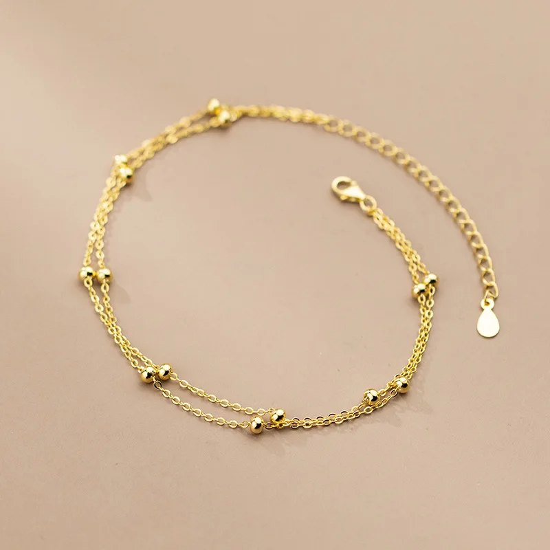 

S4770 100% S925 trendy 2021 anklets 18k gold plated double layers bead anklets women, Silver 18k gold